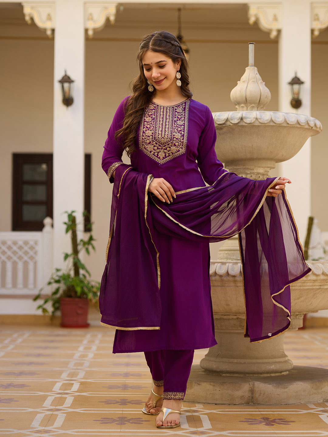 Wine Embroidered Rayon Kurta Set with Chinon Dupatta