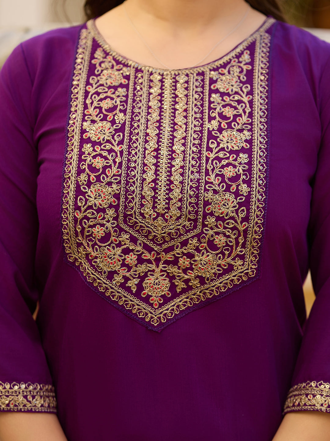 Wine Embroidered Rayon Kurta Set with Chinon Dupatta for Women