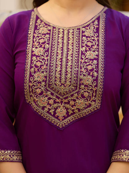Wine Embroidered Rayon Kurta Set with Chinon Dupatta for Women