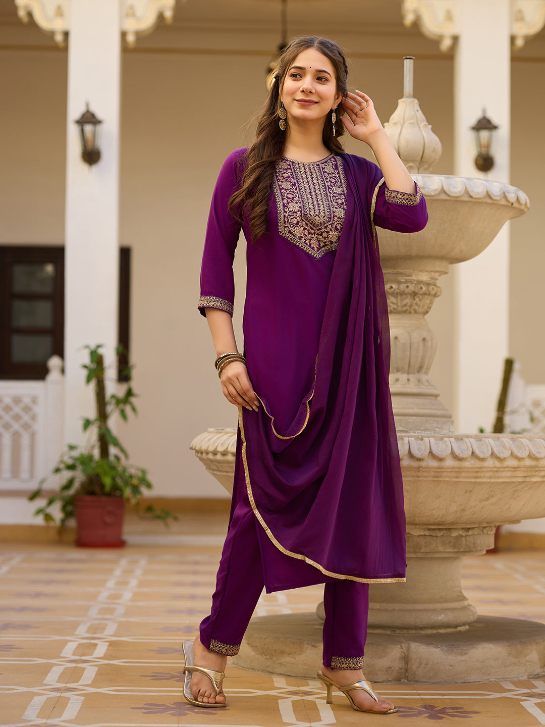 Wine Embroidered Rayon Kurta Set with Chinon Dupatta for Women