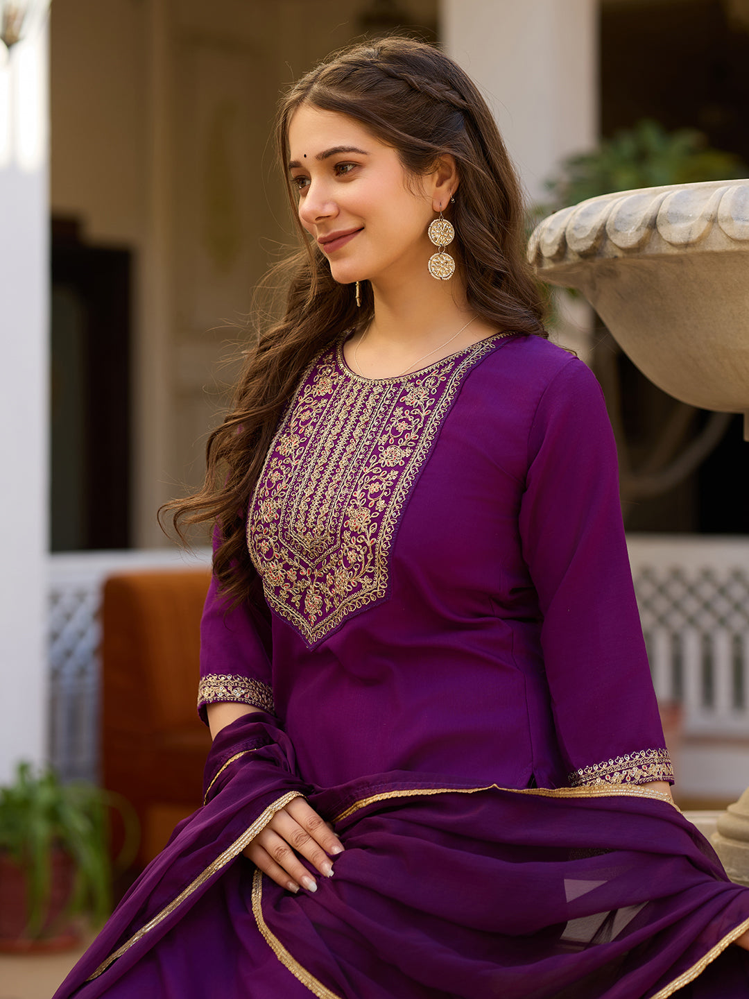 Wine Embroidered Rayon Kurta Set with Chinon Dupatta for Women