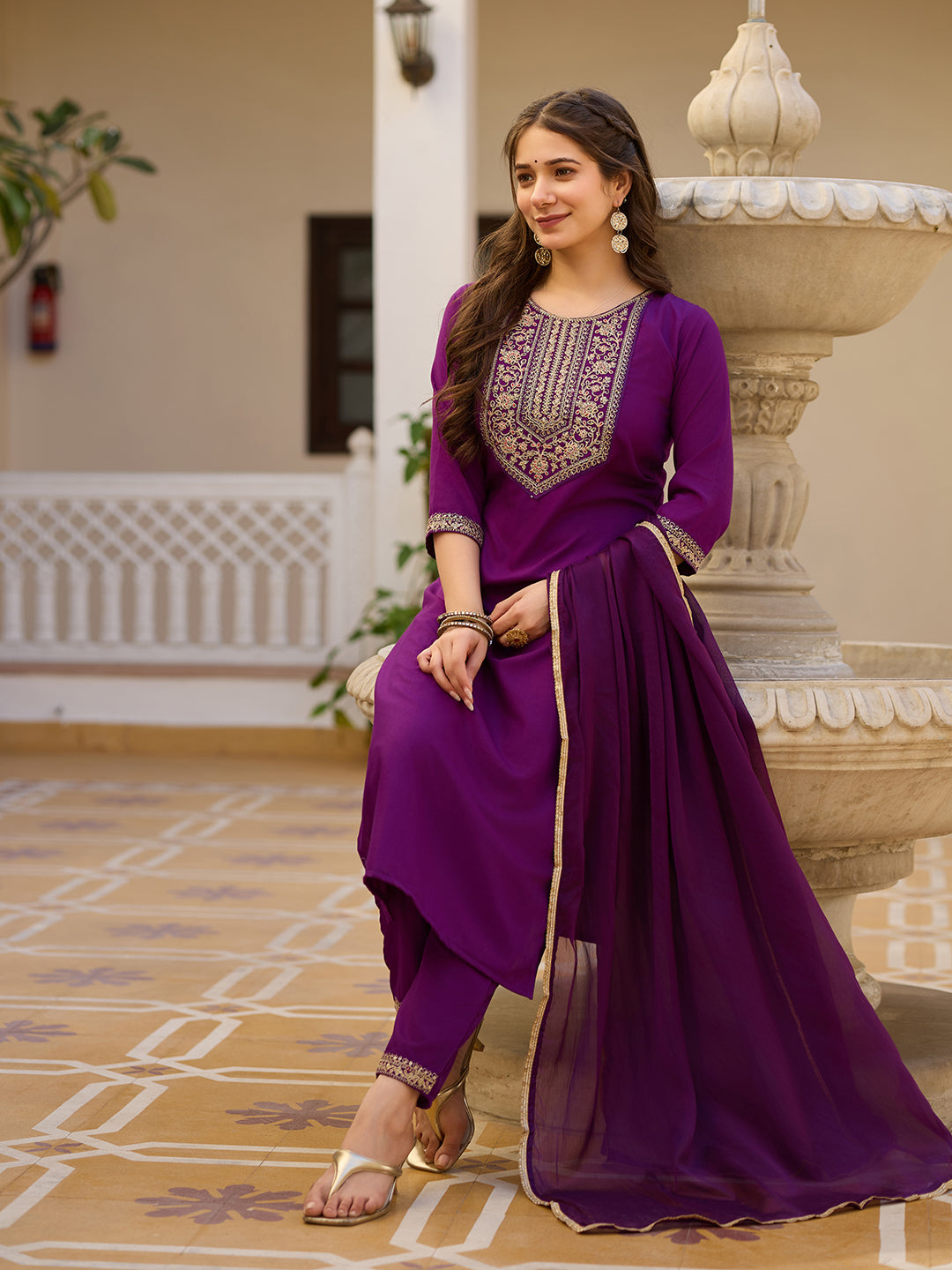 Wine Embroidered Rayon Kurta Set with Chinon Dupatta for Women
