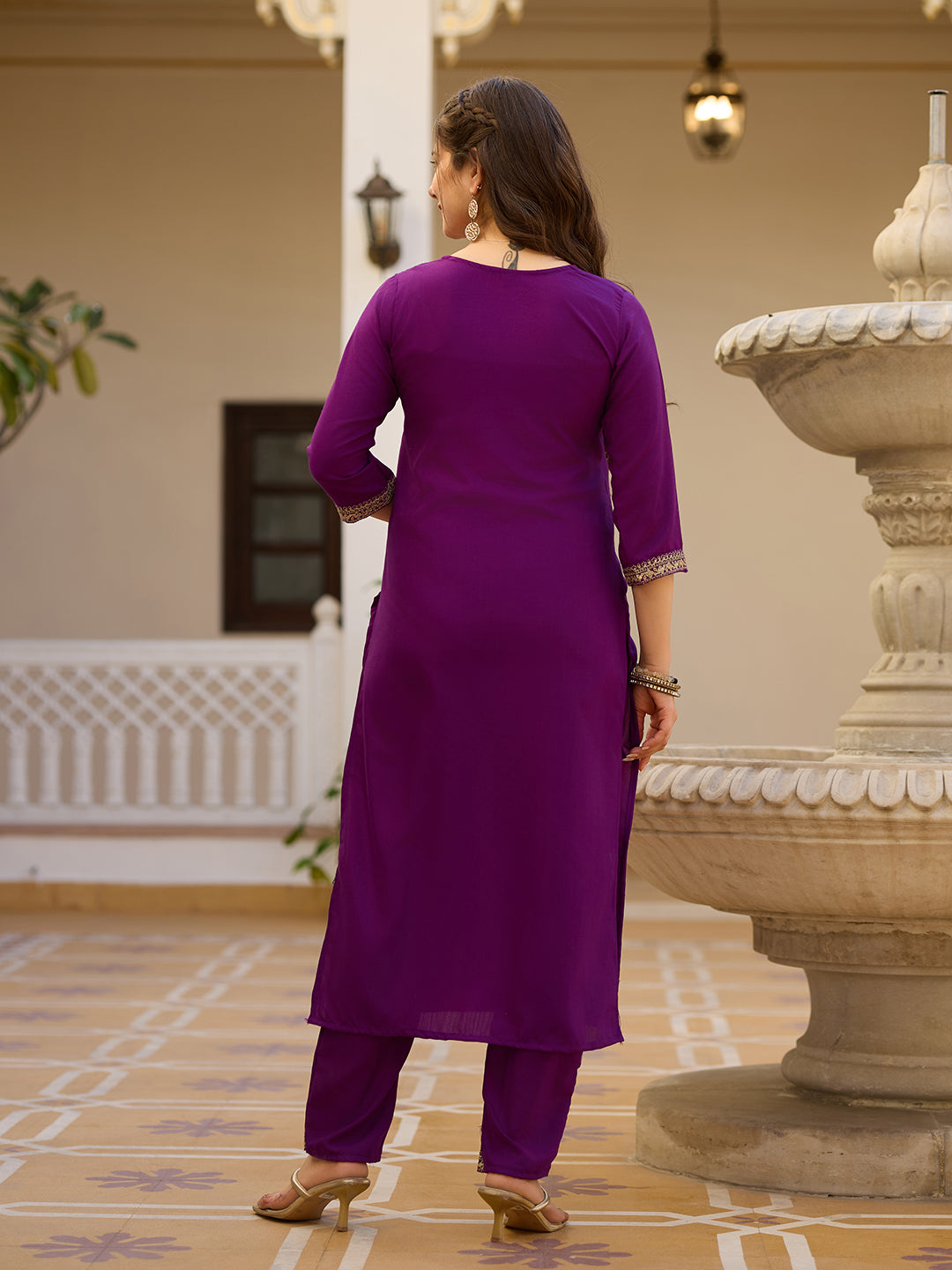 Wine Embroidered Rayon Kurta Set with Chinon Dupatta for Women