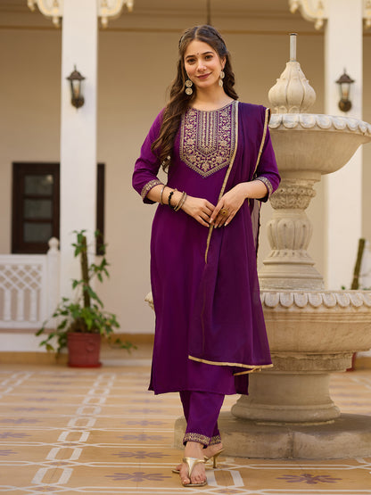 Wine Embroidered Rayon Kurta Set with Chinon Dupatta for Women
