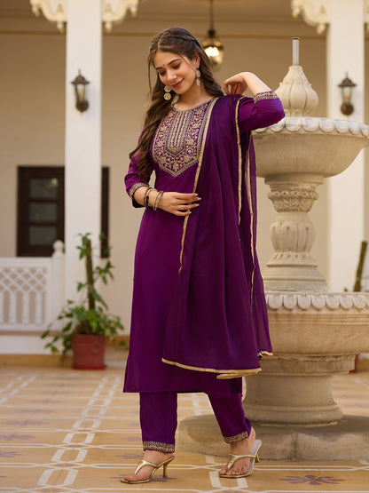 Wine Embroidered Rayon Kurta Set with Chinon Dupatta for Women