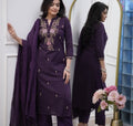Wine Embroidered Viscose Kurti Set with Dupatta