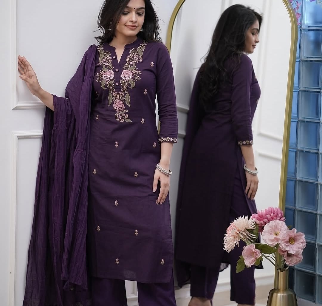 Wine Embroidered Viscose Kurti Set with Dupatta