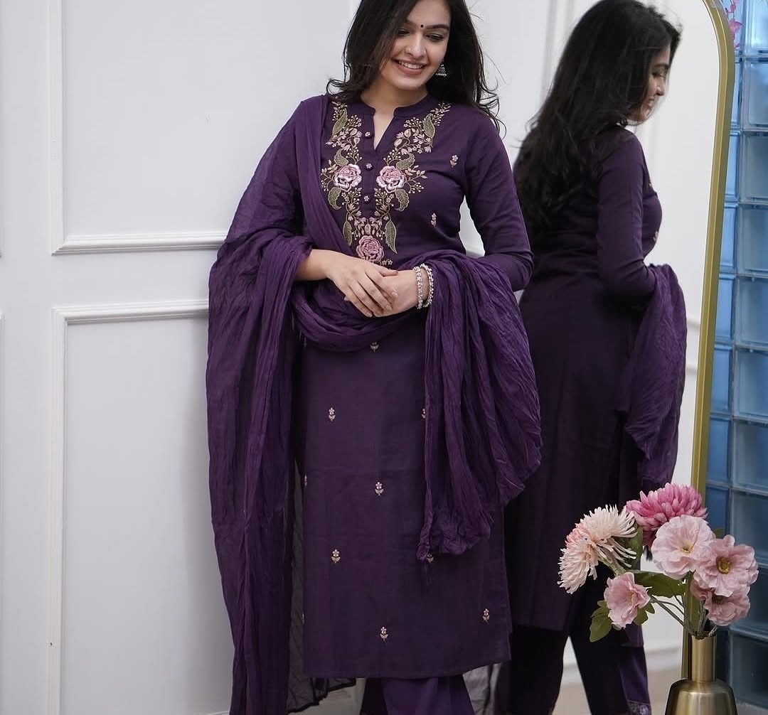 Wine Embroidered Viscose Kurti Set with Dupatta for Women