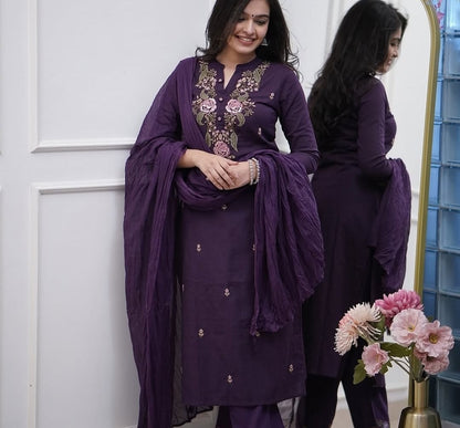Wine Embroidered Viscose Kurti Set with Dupatta for Women