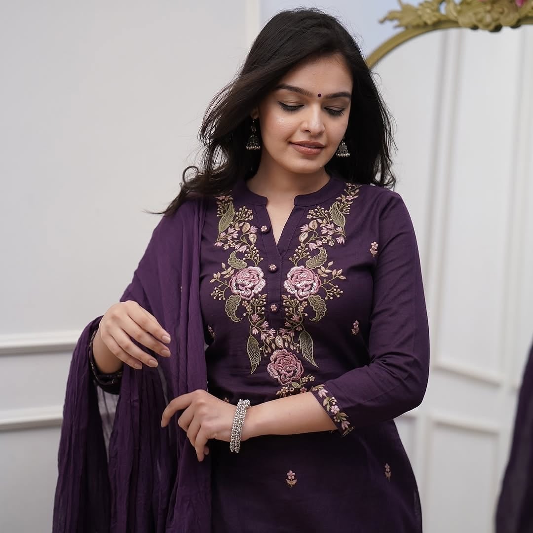 Wine Embroidered Viscose Kurti Set with Dupatta for Women