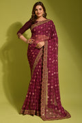 Wine Floral Georgette Saree with Sequin Lace Border