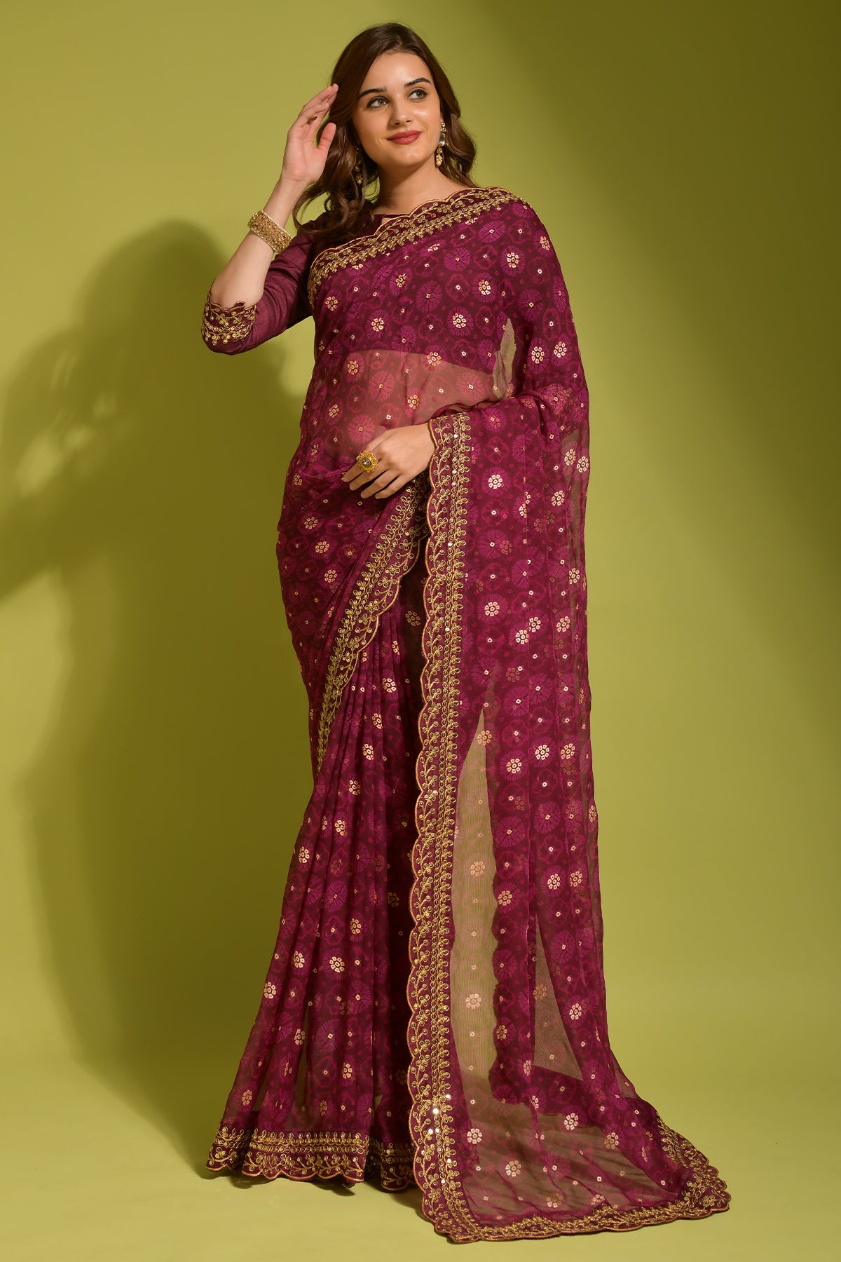 Wine Floral Georgette Saree with Sequin Lace Border for Women
