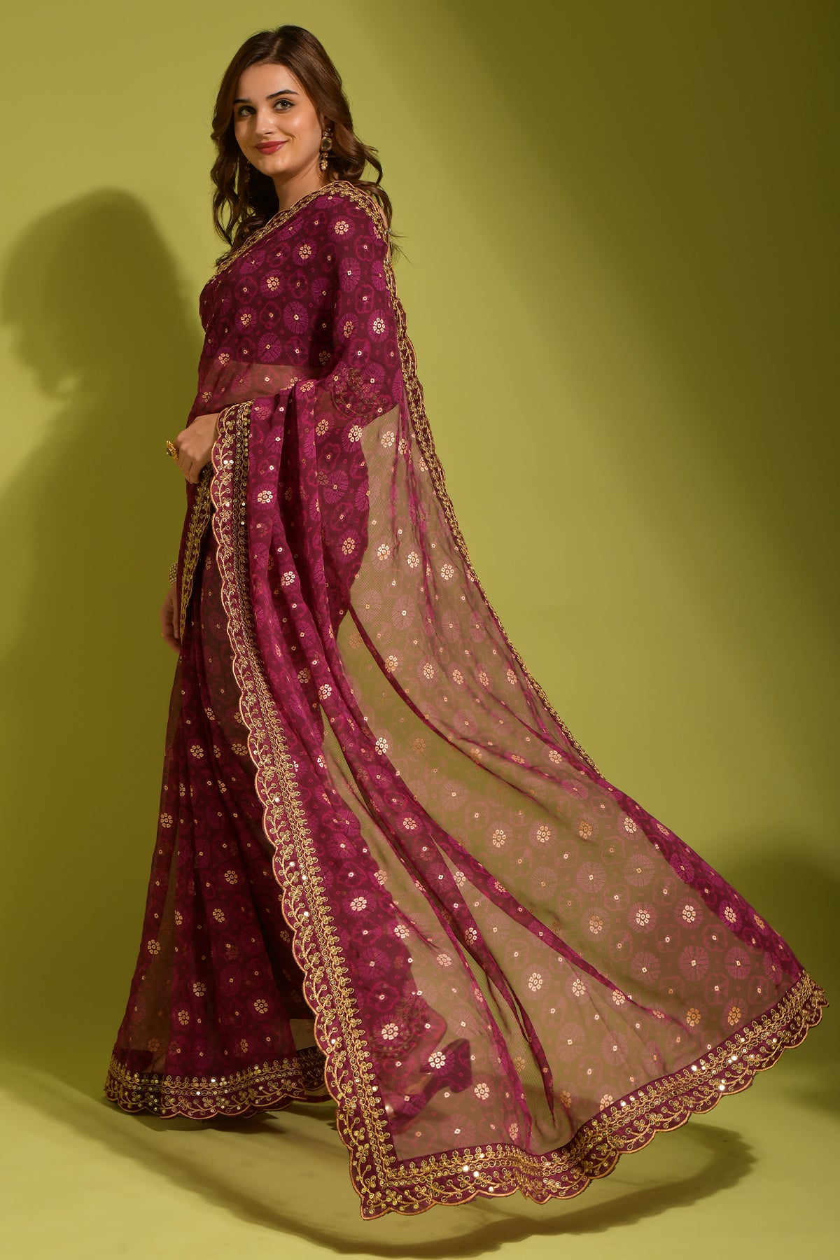 Wine Floral Georgette Saree with Sequin Lace Border for Women
