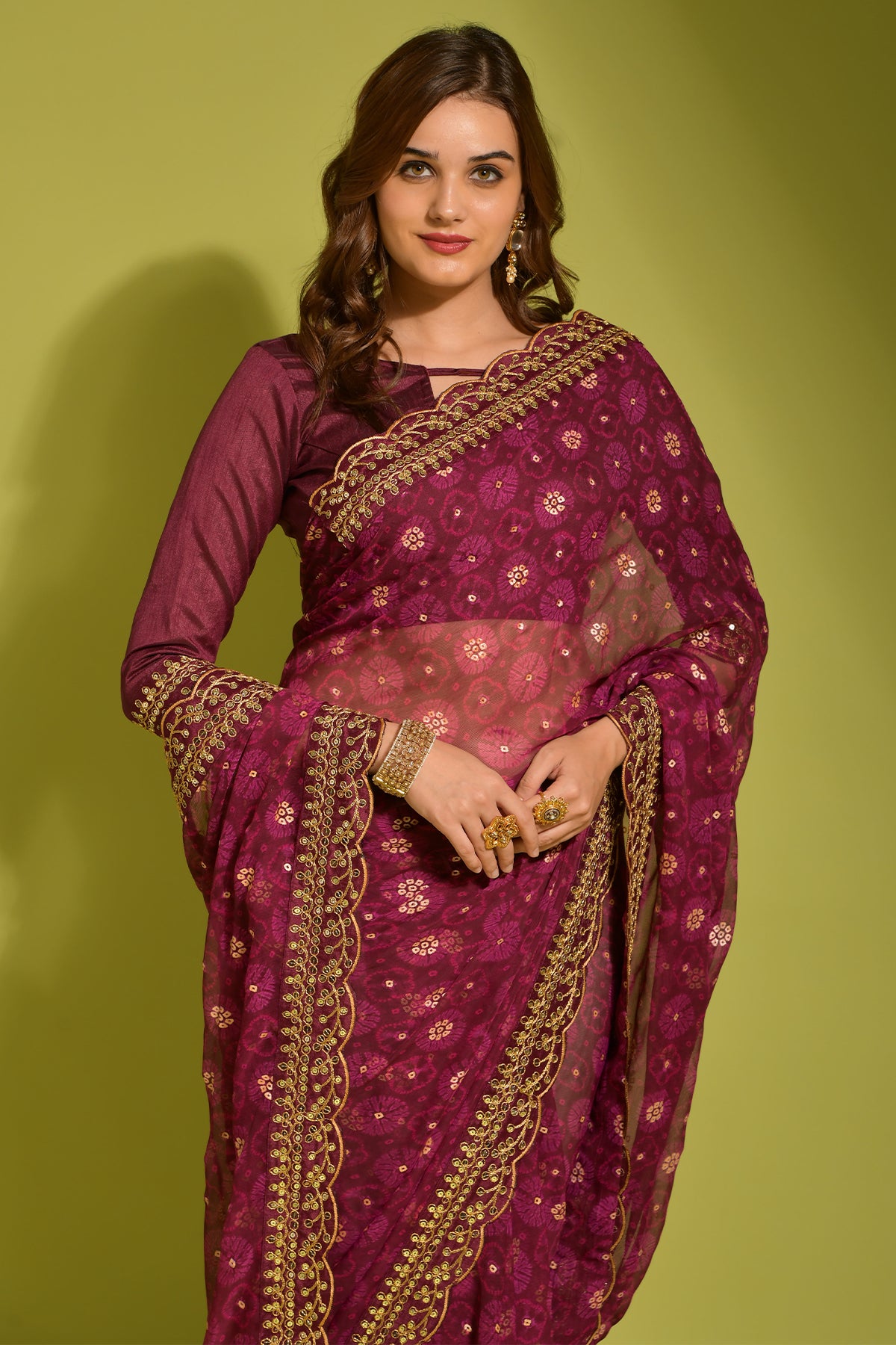 Wine Floral Georgette Saree with Sequin Lace Border for Women