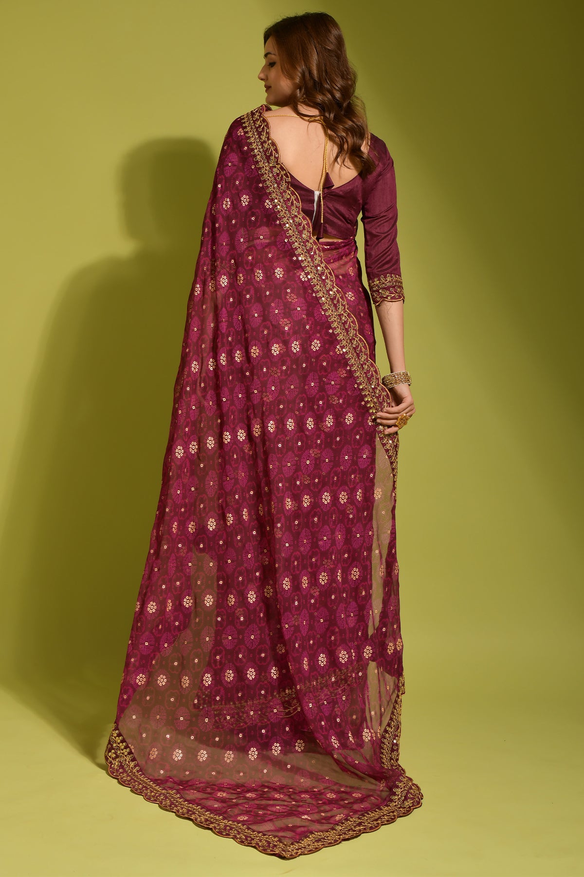 Wine Floral Georgette Saree with Sequin Lace Border for Women