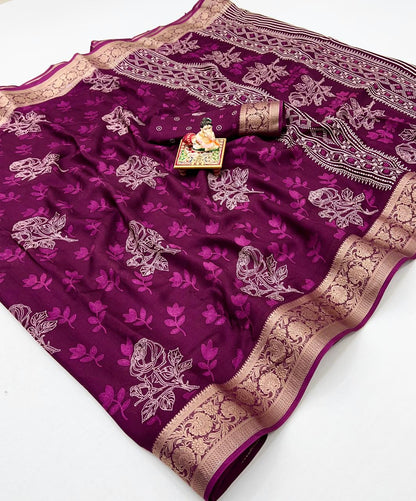 Elegant Wine Floral Georgette Saree With Zari Work for Women