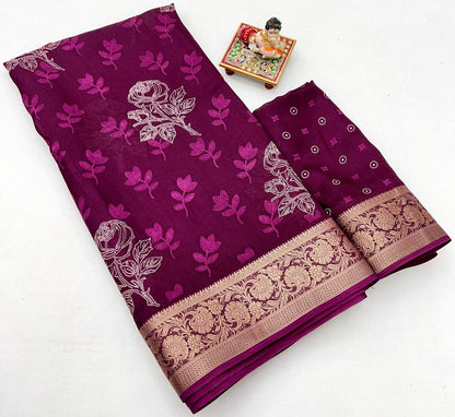 Elegant Wine Floral Georgette Saree With Zari Work for Women