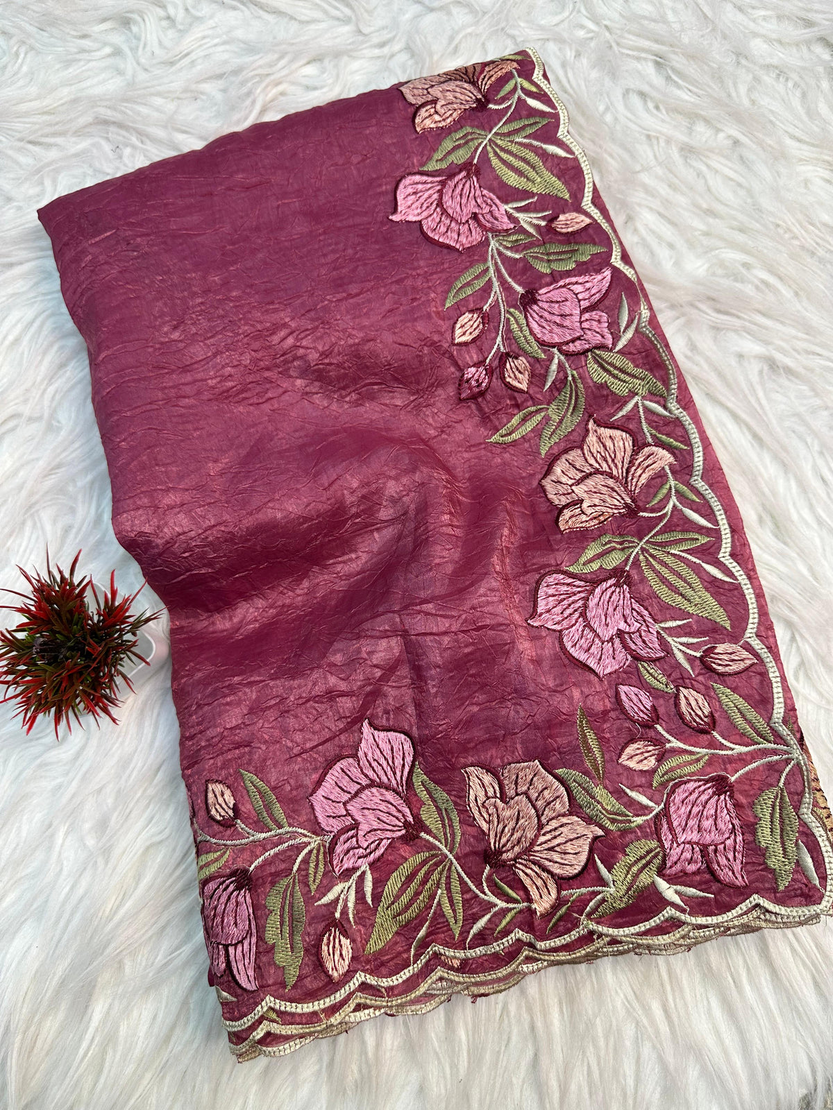 Wine Pink Gold Crush Saree with Floral Threadwork for Women
