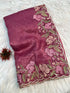 Wine Pink Gold Crush Saree with Floral Threadwork for Women