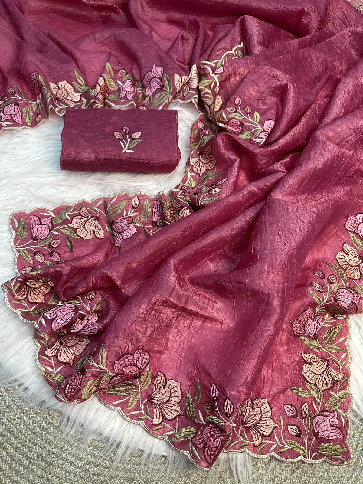 Wine Pink Gold Crush Saree with Floral Threadwork for Women