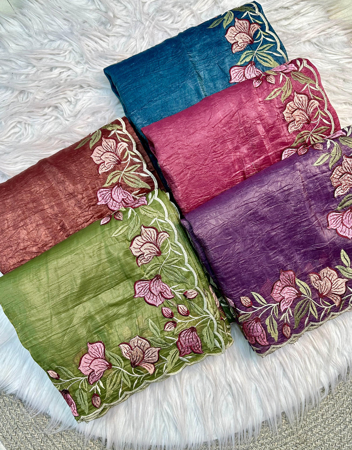 Wine Pink Gold Crush Saree with Floral Threadwork for Women