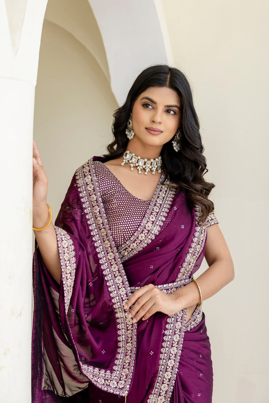 Wine Kasturi Silk Saree with Zari, Dori & Sequin Work