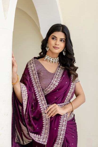 Wine Kasturi Silk Saree with Zari, Dori &amp; Sequin Work for Women