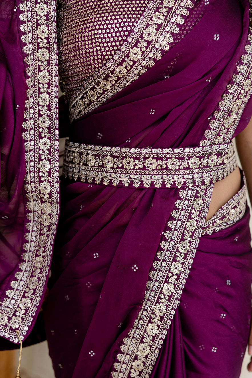 Wine Kasturi Silk Saree with Zari, Dori & Sequin Work