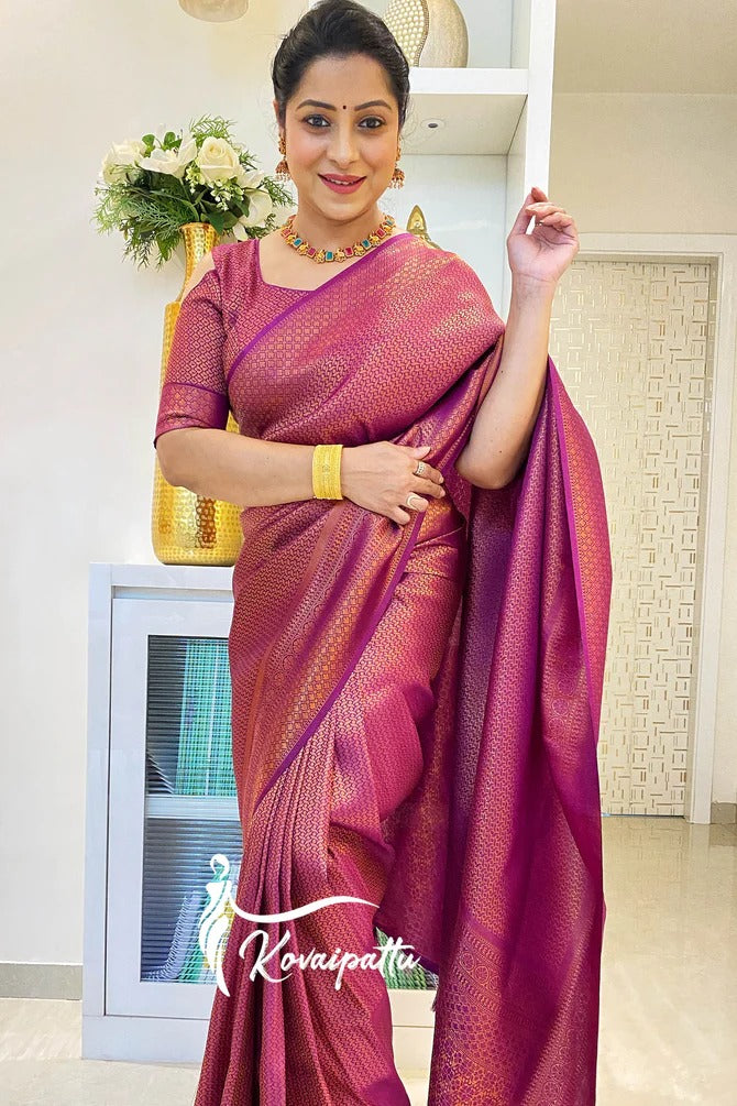 Wine Lichi Silk Saree with Zari Jacquard &amp; Rich Pallu for Women