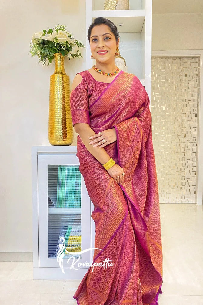 Wine Lichi Silk Saree with Zari Jacquard &amp; Rich Pallu for Women
