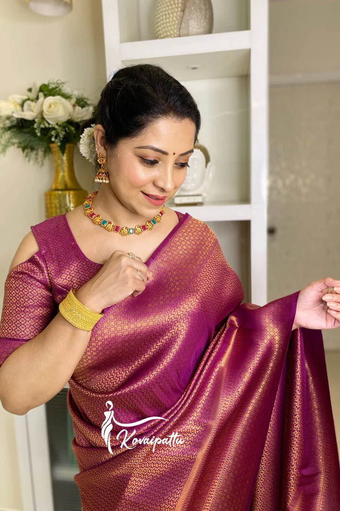 Wine Lichi Silk Saree with Zari Jacquard &amp; Rich Pallu for Women