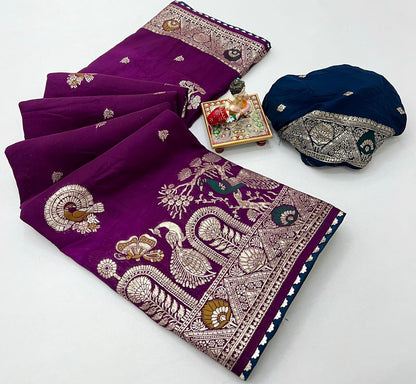 Wine Gold Zari Maslin Silk Saree With Designer Pallu for Women