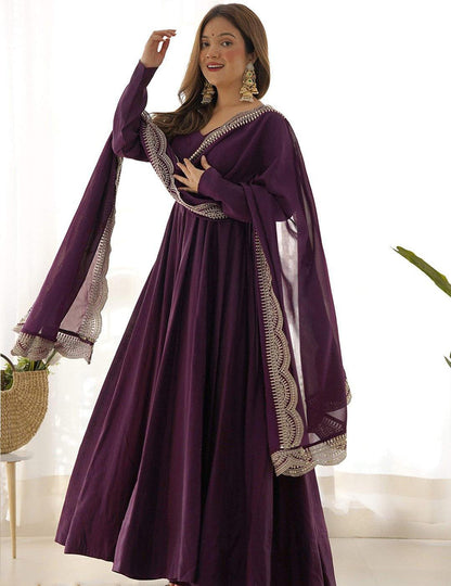Wine Party Wear Anarkali Gown with Lace Dupatta for Women
