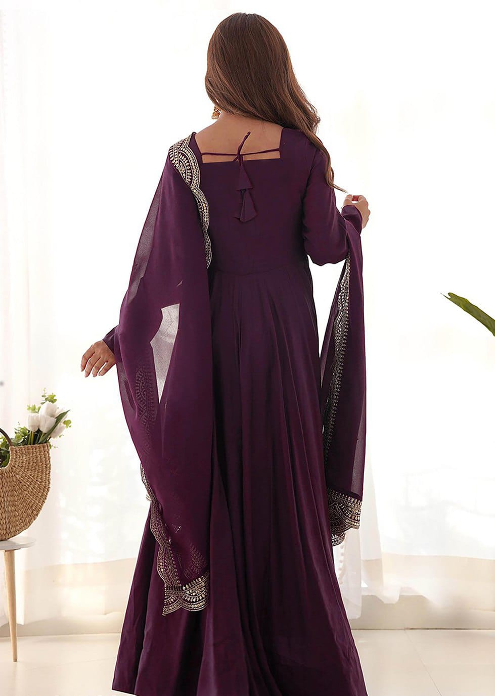 Wine Party Wear Anarkali Gown with Lace Dupatta for Women