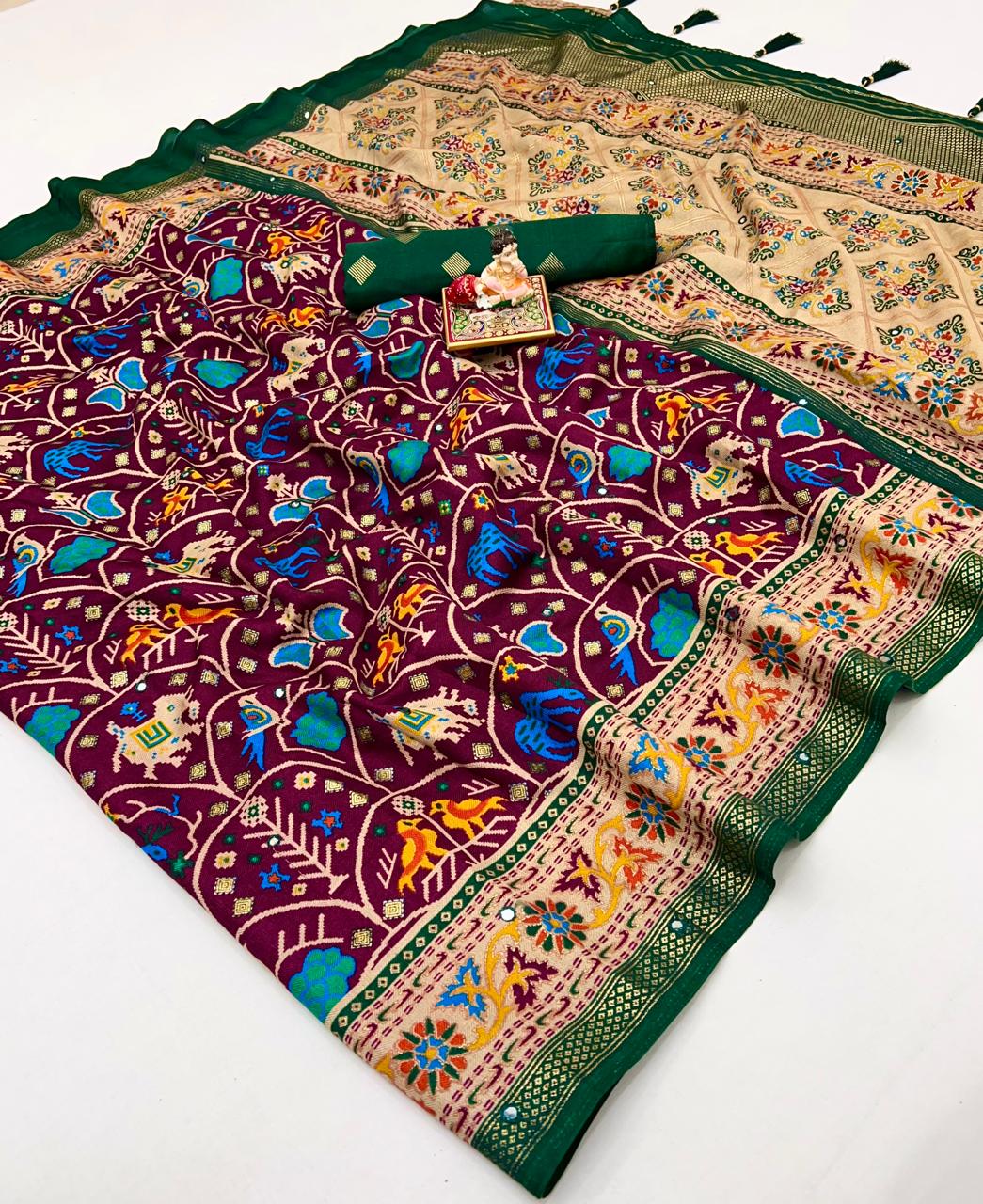 Wine Patola Style Soft Pashmina Silk Party Wear Saree for Women