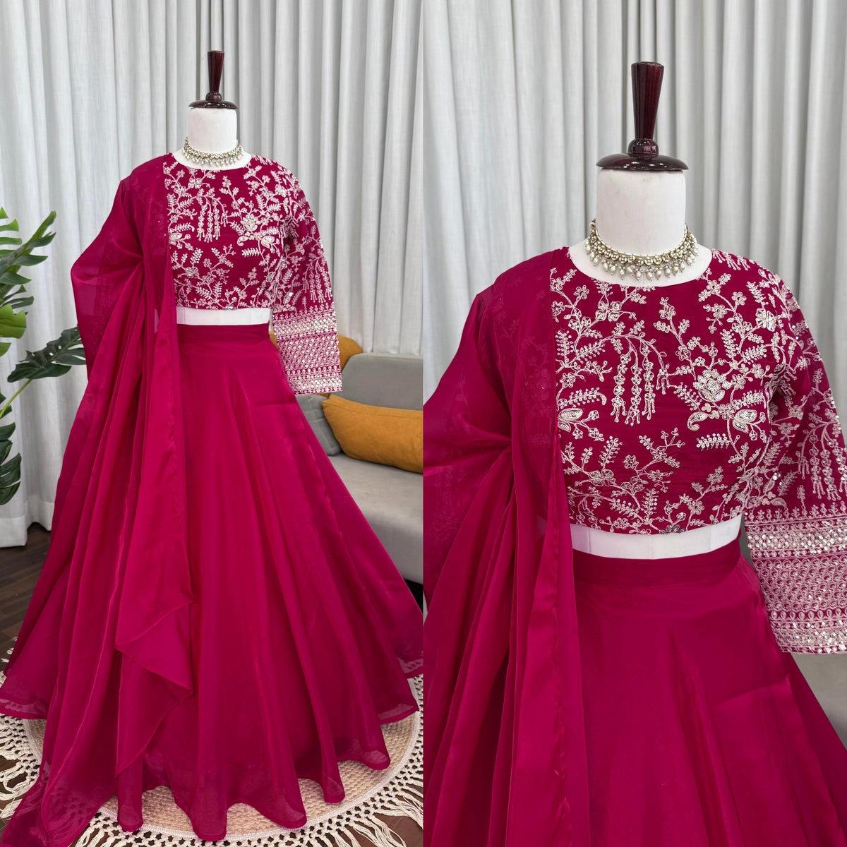 Wine Pink Embroidered Silk Lehenga Set for Women