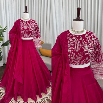 Wine Pink Embroidered Silk Lehenga Set for Women