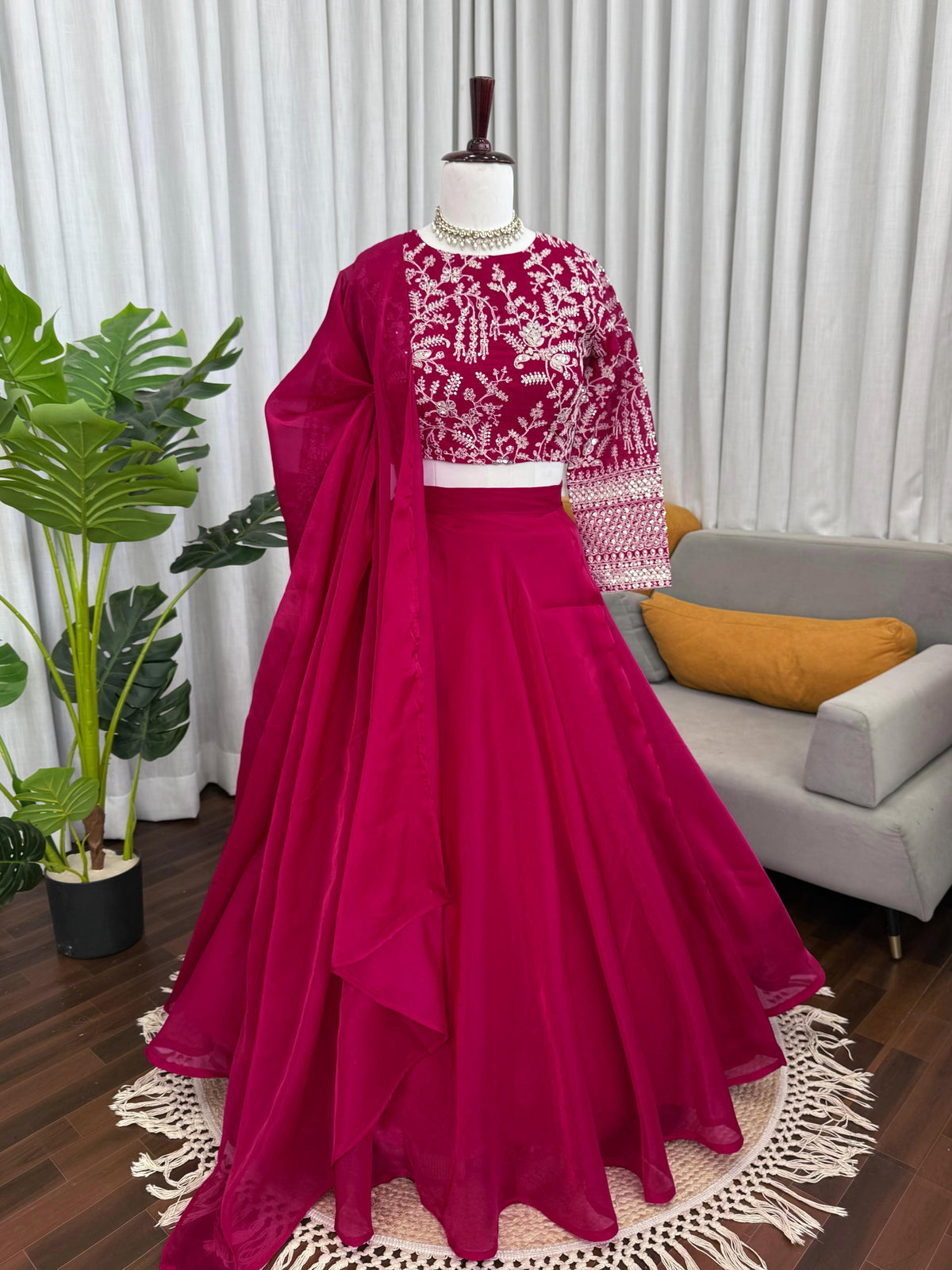 Wine Pink Embroidered Silk Lehenga Set for Women