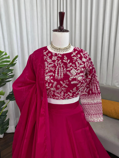 Wine Pink Embroidered Silk Lehenga Set for Women