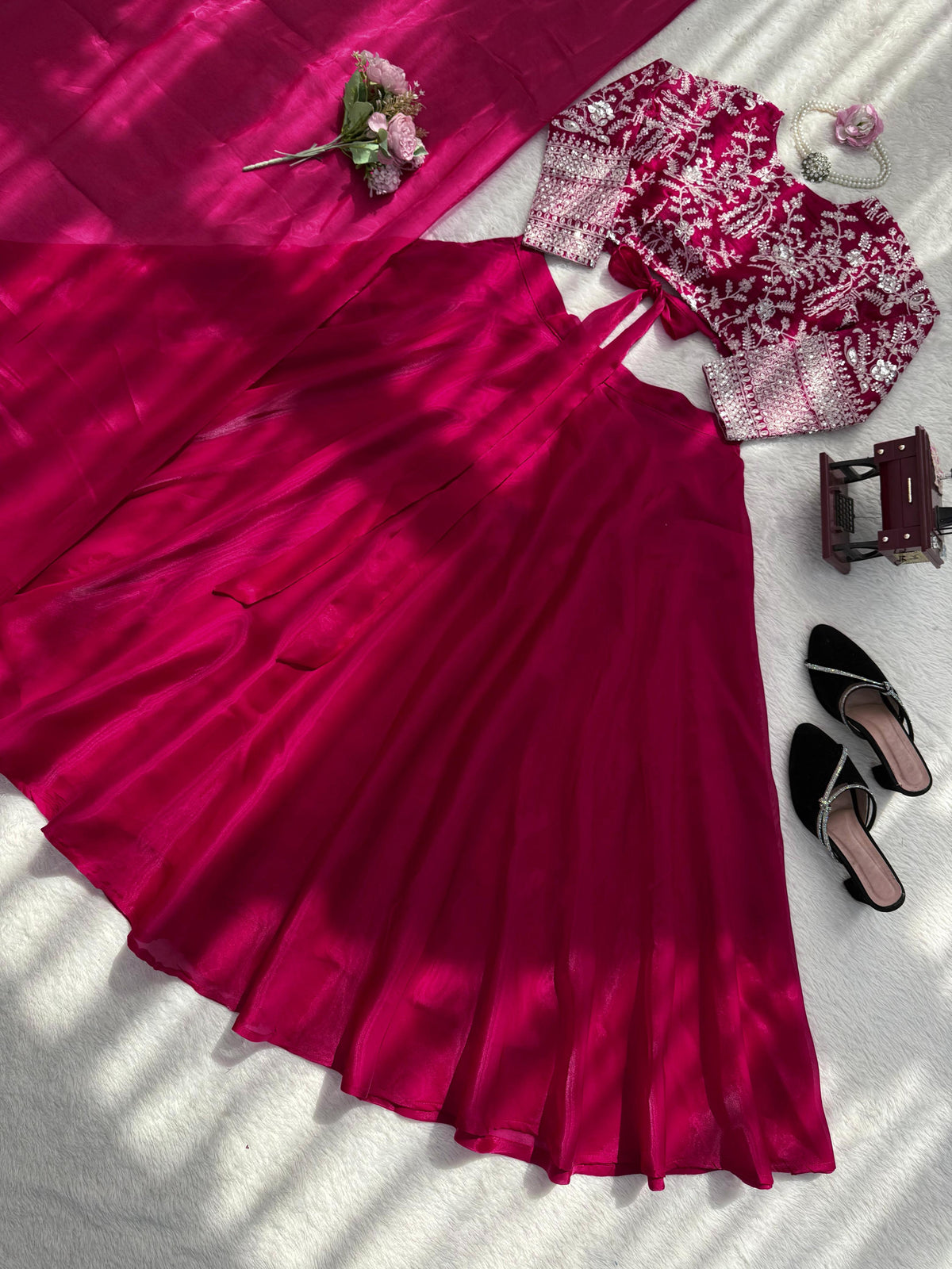 Wine Pink Embroidered Silk Lehenga Set for Women