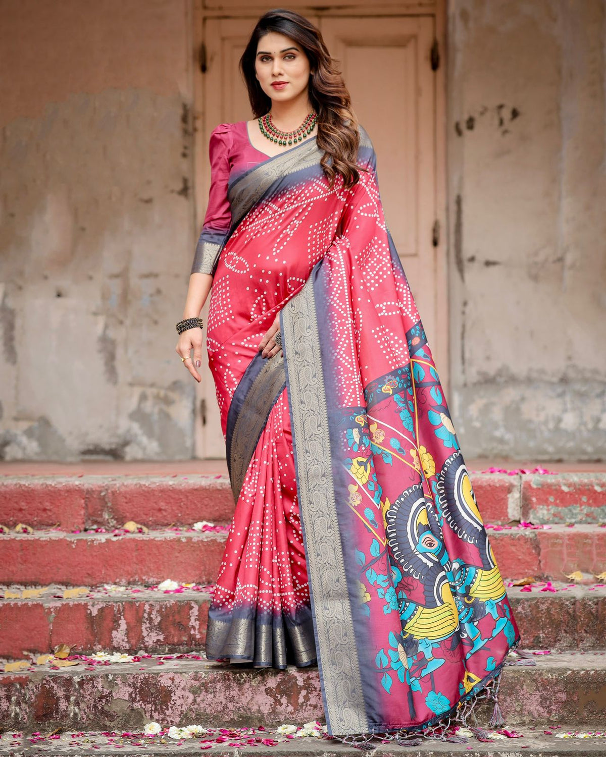 Wine Red Bandhani Print Tussar Silk Saree with Zari for Women