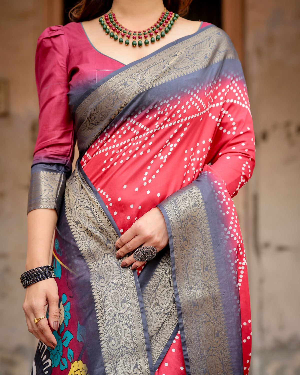 Wine Red Bandhani Print Tussar Silk Saree with Zari for Women