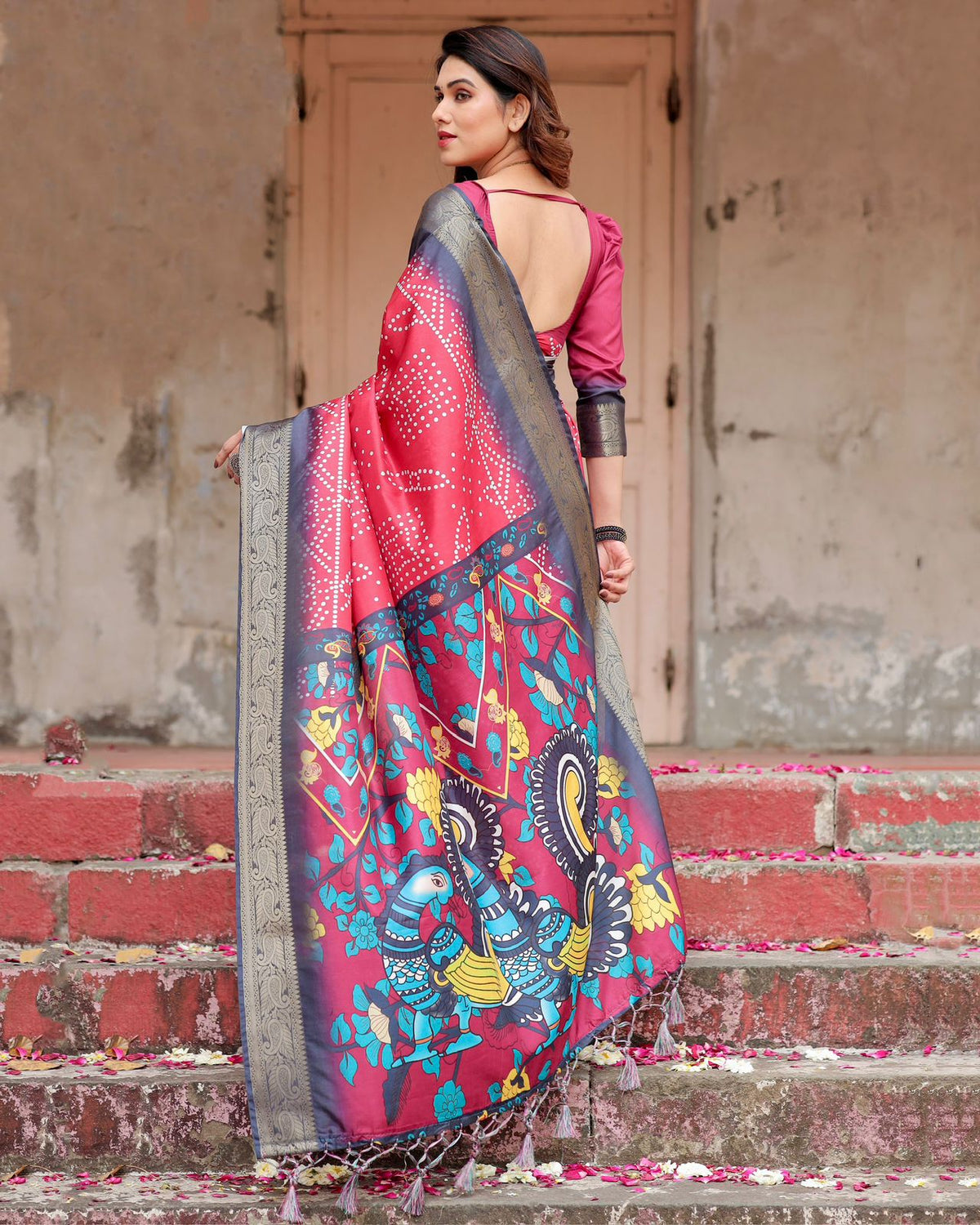 Wine Red Bandhani Print Tussar Silk Saree with Zari for Women