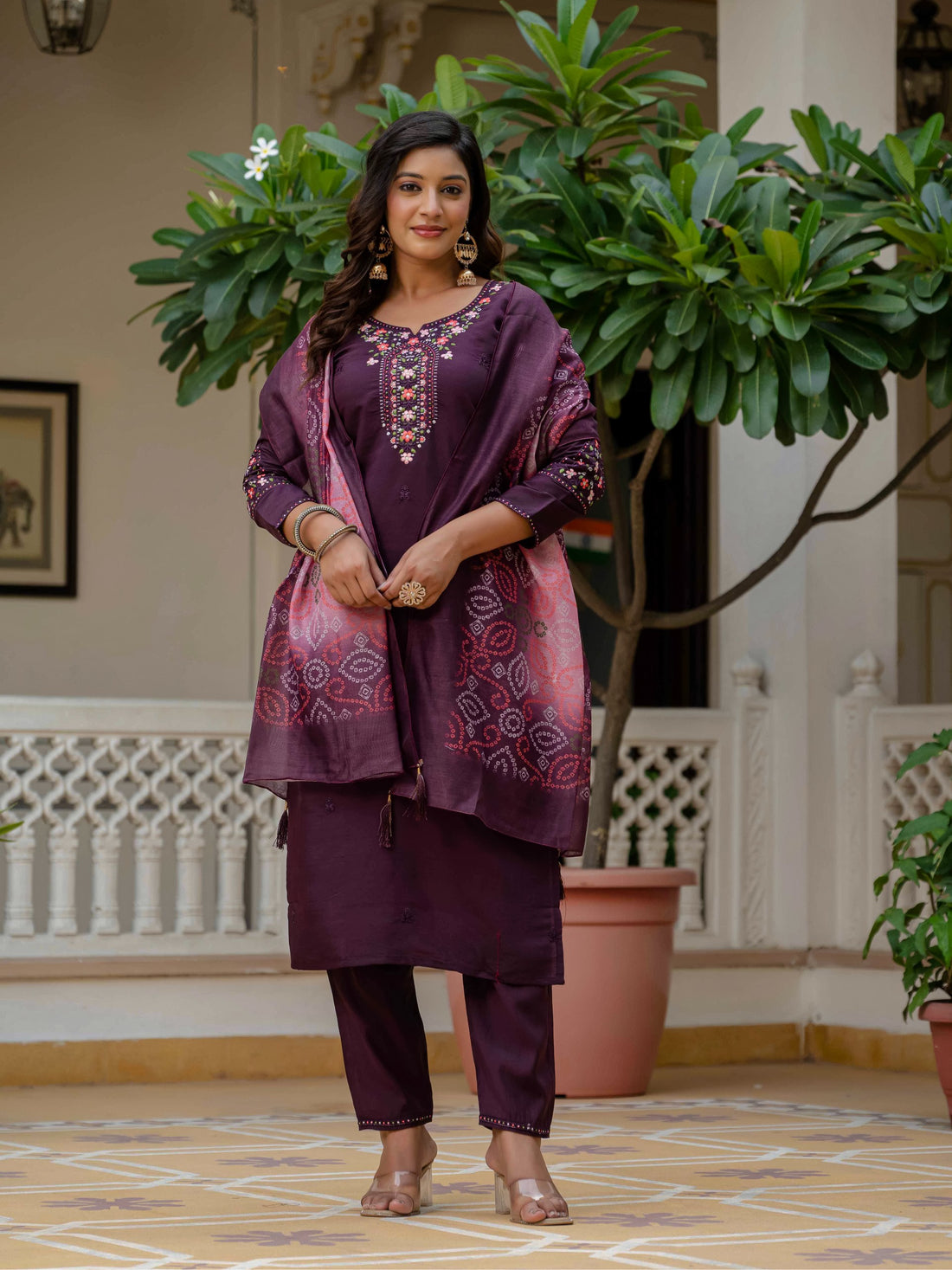 Wine RomanSilk Bandhani Charm Embroidered Salwar suite for Women