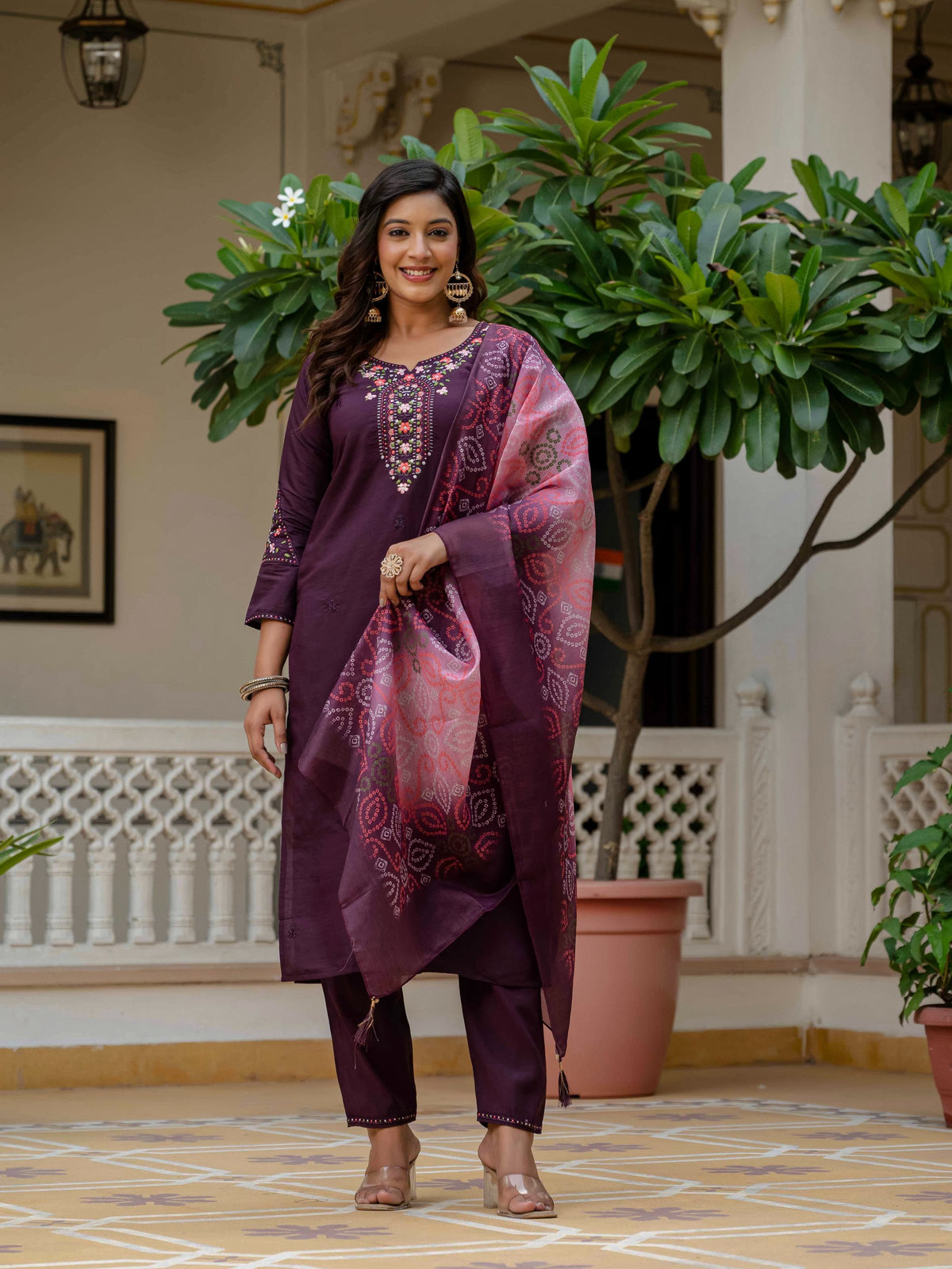 Wine RomanSilk Bandhani Charm Embroidered Salwar suite for Women