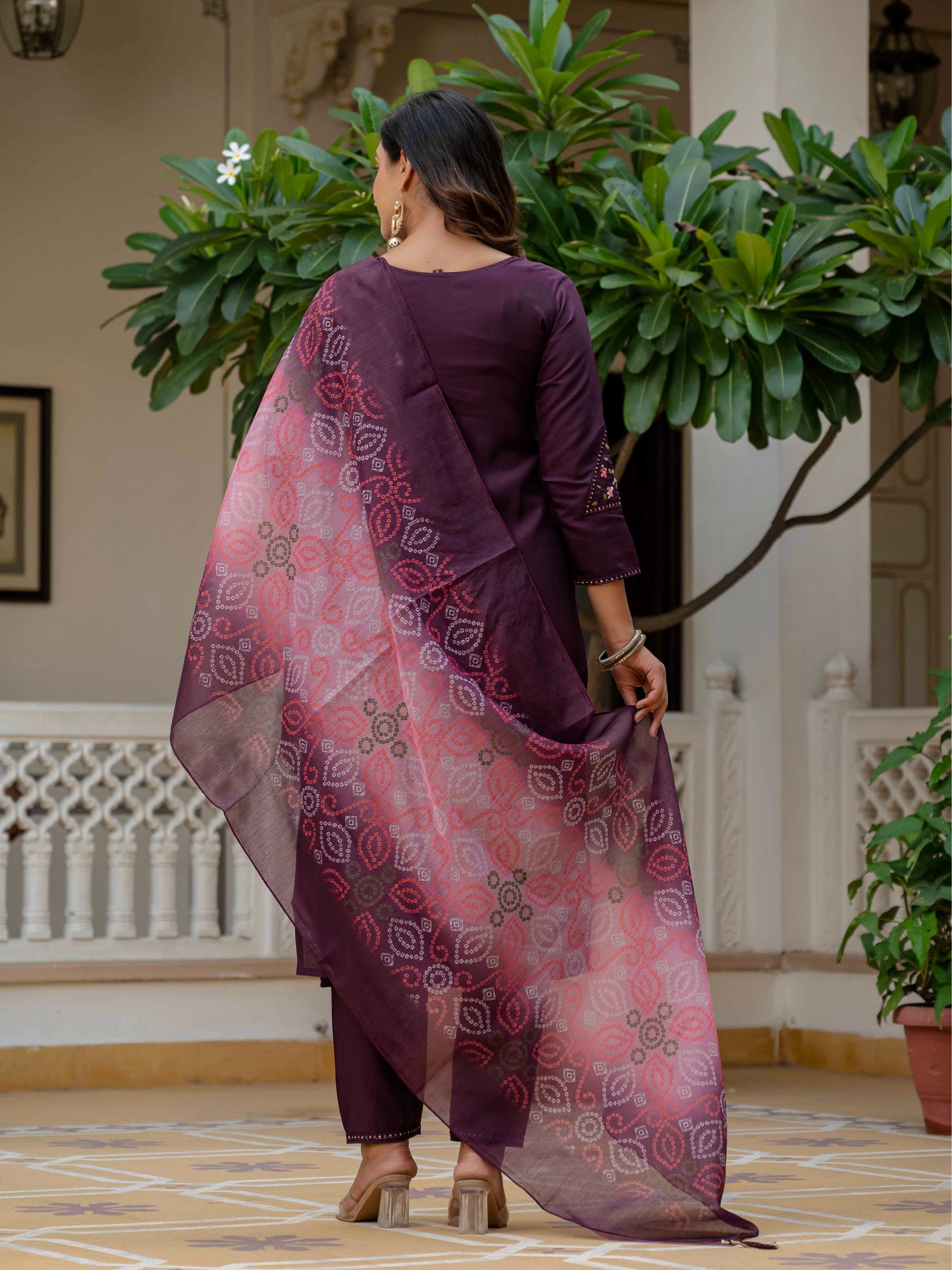 Wine RomanSilk Bandhani Charm Embroidered Salwar suite