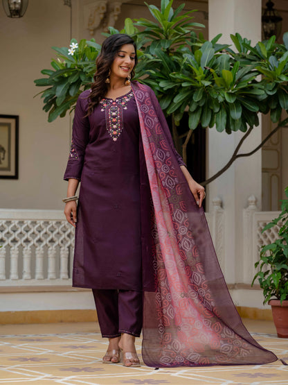 Wine RomanSilk Bandhani Charm Embroidered Salwar suite for Women