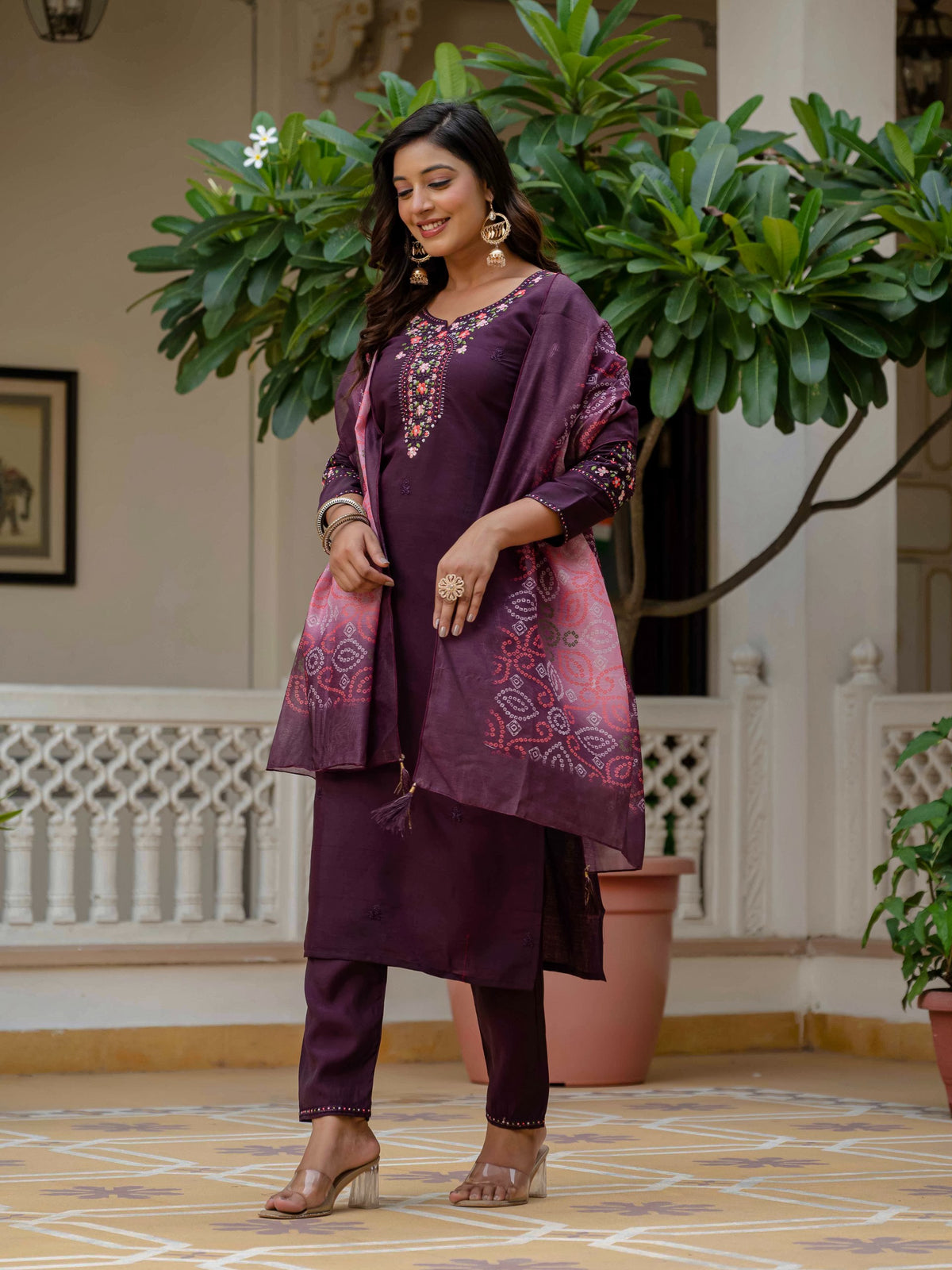 Wine RomanSilk Bandhani Charm Embroidered Salwar suite for Women