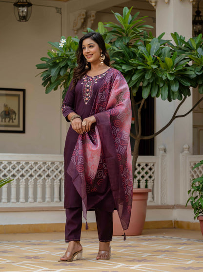 Wine RomanSilk Bandhani Charm Embroidered Salwar suite for Women