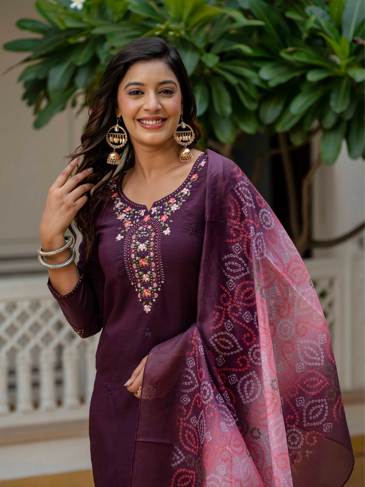Wine RomanSilk Bandhani Charm Embroidered Salwar suite for Women